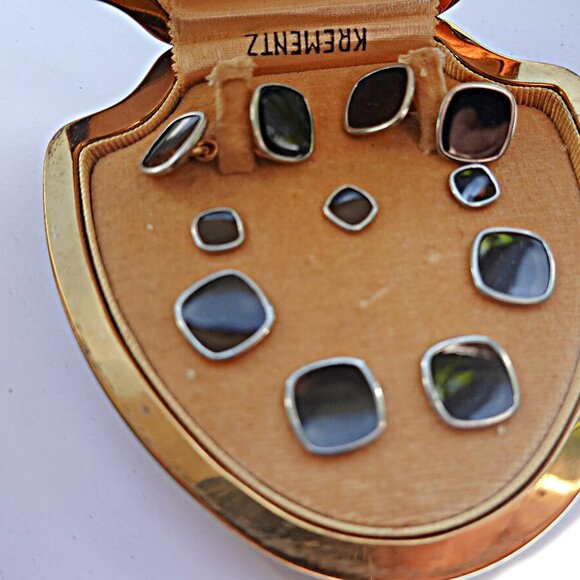 Vintage Krementz Black  Platinum Clad 14K Gold Overlay  9 Piece Cufflinks, Studs - Picture 1 of 3